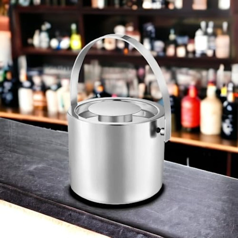 FNS steel ice bucket with handle showing precise 16 cm height dimension