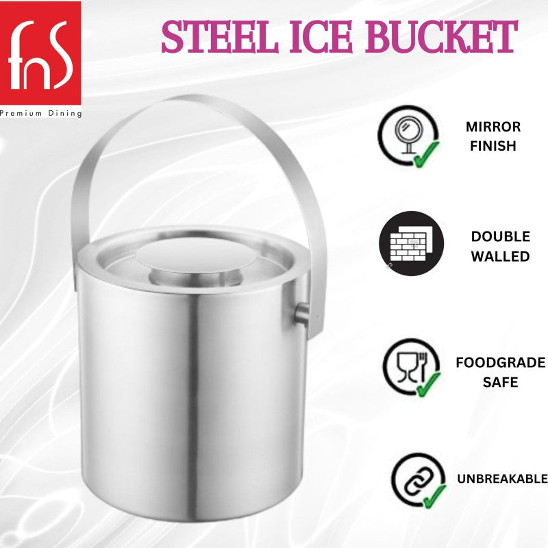 Closeup of FNS steel ice bucket sturdy handle and lid on white background ​