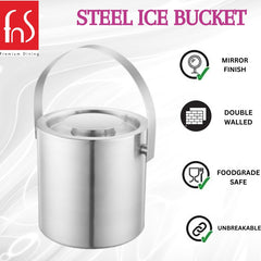 Closeup of FNS steel ice bucket sturdy handle and lid on white background ​