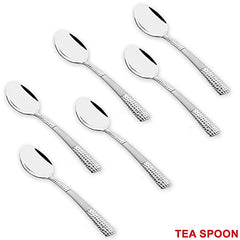 Set of six small stainless steel teaspoons with dimpled silver handles, labeled “TEA SPOON” underneath.