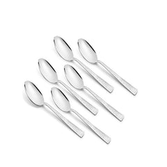 Set of six teaspoons featuring oval bowls and dimpled stainless steel handles, aligned diagonally.