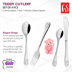 Kids’ stainless steel cutlery set with teddy graphic, includes free pink teddy keychain and 4 pieces.