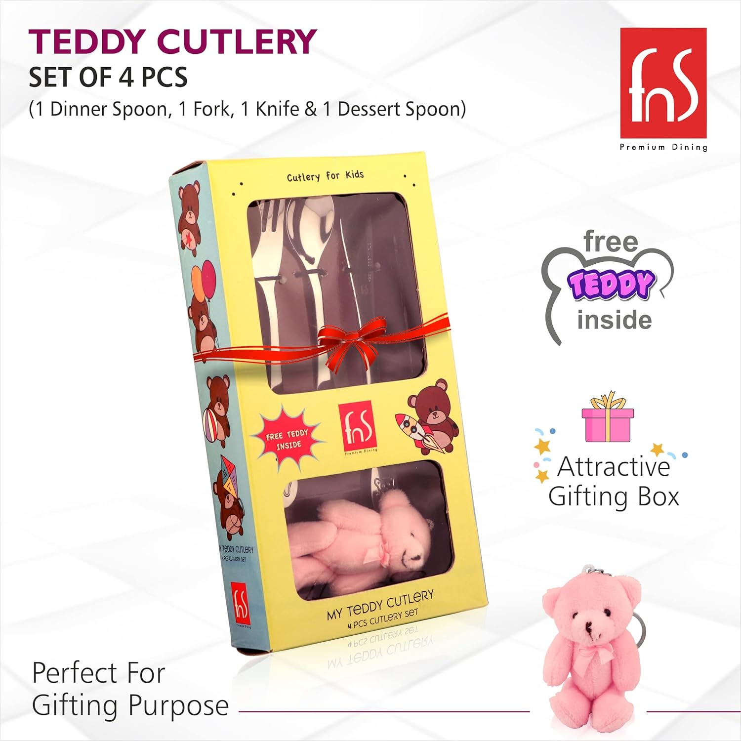 Colorful boxed Teddy Cutlery set with red ribbon and pink teddy, ideal for gifting children.