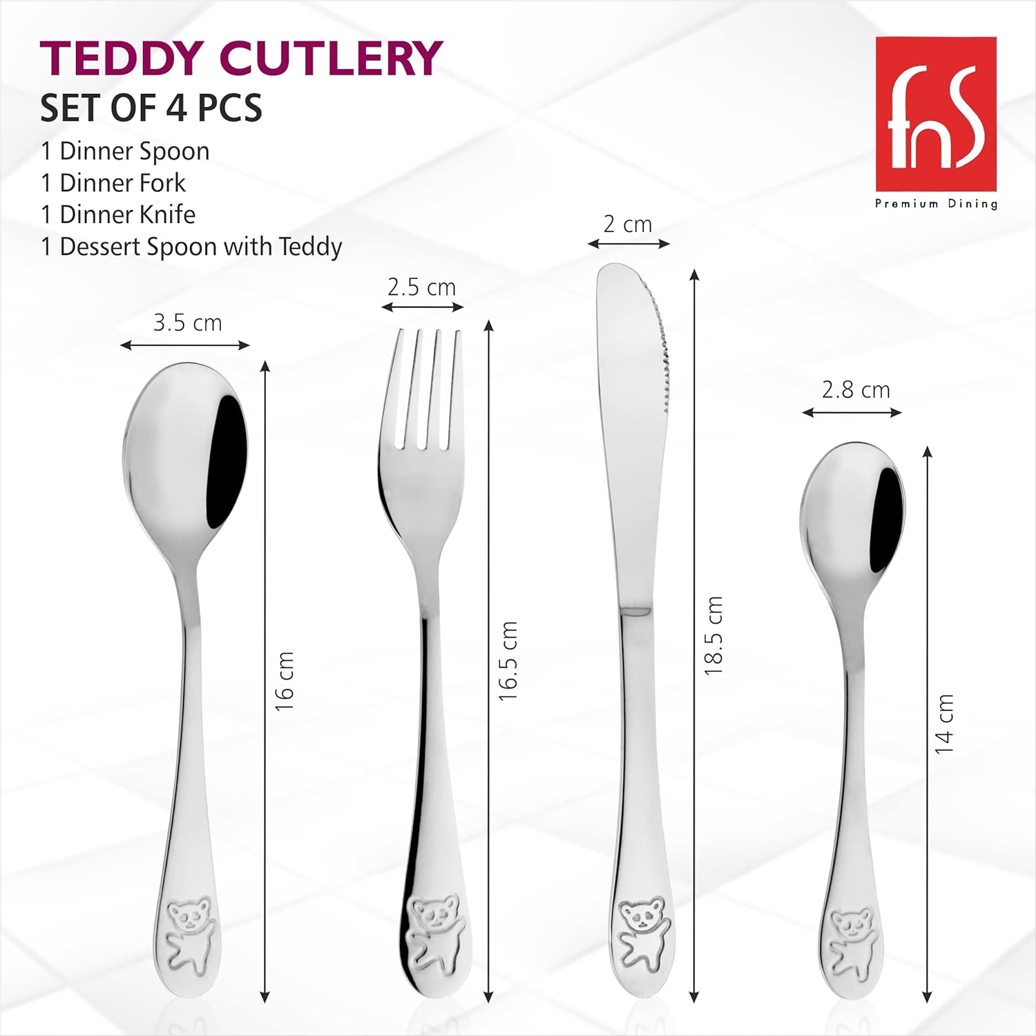 Children’s cutlery set dimensions shown with teddy bear engravings and size labels for each utensil piece.