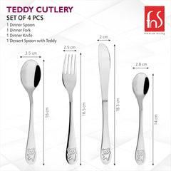 Children’s cutlery set dimensions shown with teddy bear engravings and size labels for each utensil piece.