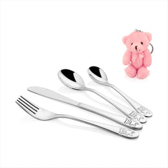 Four-piece teddy-themed cutlery set with pink teddy keychain displayed on a clean white background.