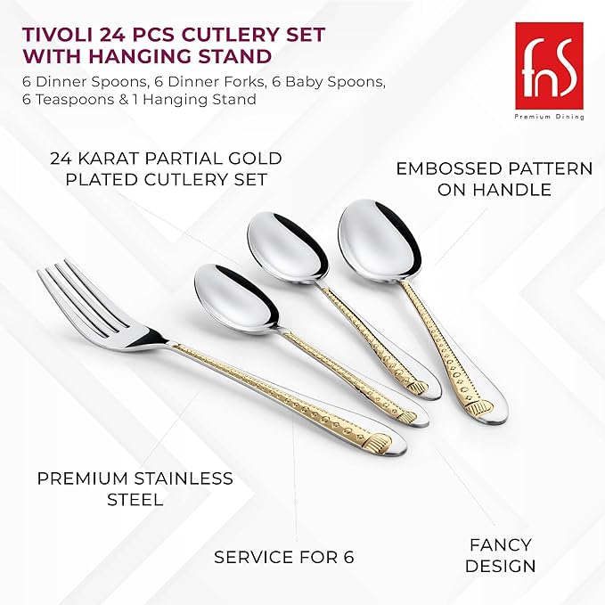 Tivoli cutlery set highlighting gold plating, stainless steel, embossed handles, and service for six.