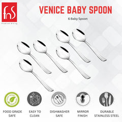FNS Venice baby spoon features infographic highlighting food grade safe, easy to clean, dishwasher safe, mirror finish and durable stainless steel construction properties