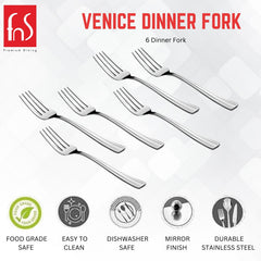 FnS Venice dinner fork set promotional image showing six sleek stainless steel forks