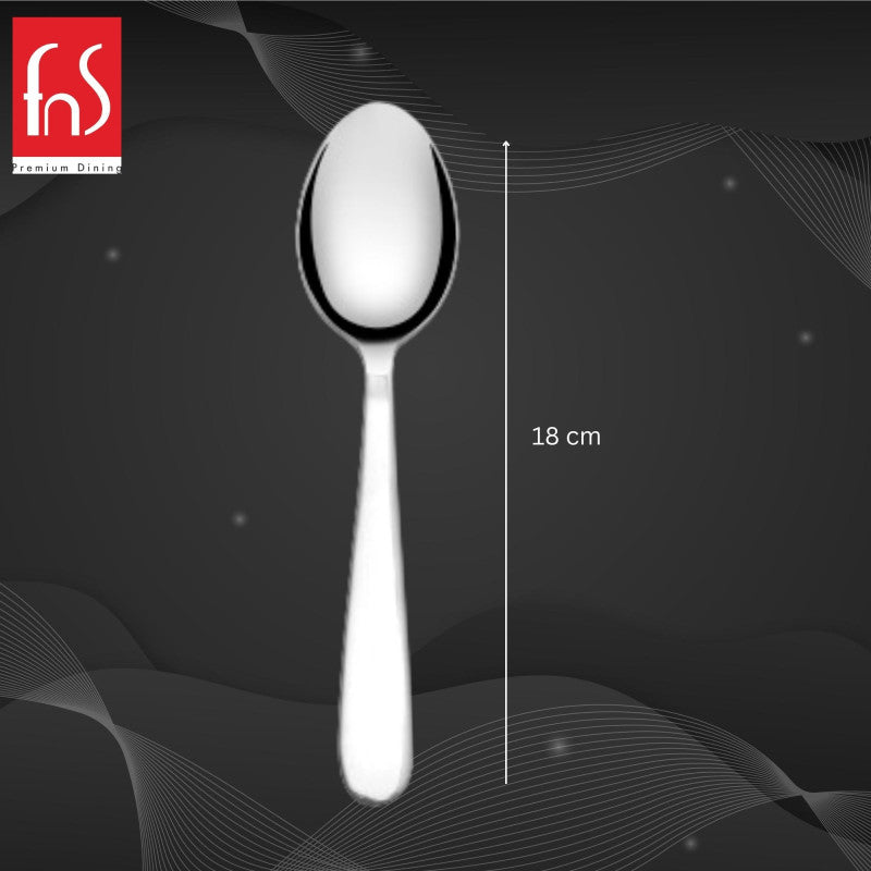 Single FNS Verona dessert spoon with 18cm length measurement specification showing sleek minimalist design and mirror-polished finish on dark elegant background
