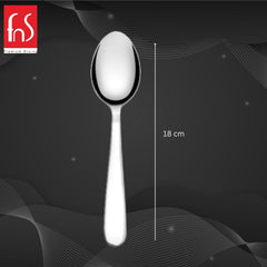 Single FNS Verona dessert spoon with 18cm length measurement specification showing sleek minimalist design and mirror-polished finish on dark elegant background