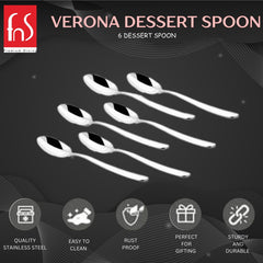 FNS Verona dessert spoon 6-piece set product infographic showing quality stainless steel, easy to clean, rust proof, perfect for gifting, and sturdy and durable features on dark background