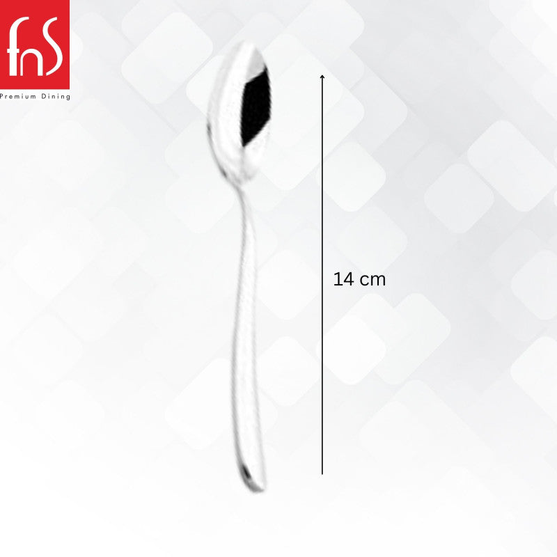 Single FNS Verona dessert spoon with 18cm length measurement specification showing sleek minimalist design and mirror-polished finish on dark elegant background