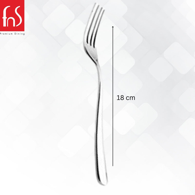 Single stainless steel dinner fork vertical view, 18cm length measurement shown, polished finish, white marble background, FnS logo.
