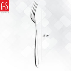 Single stainless steel dinner fork vertical view, 18cm length measurement shown, polished finish, white marble background, FnS logo.