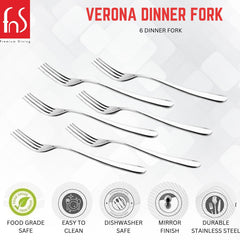 Verona dinner fork set marketing image, six forks displayed, product features highlighted below, white marble background, FnS branding.