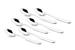 Six stainless steel teaspoons with smooth curved handles arranged in three rows on white background showing elegant mirror-polished finish and modern design