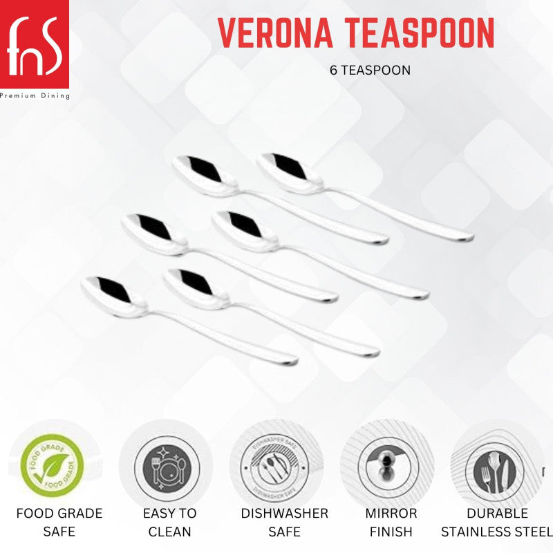 Verona Teaspoon set of six with curved handles, featuring five product icons: food grade safe, easy clean, dishwasher safe, mirror finish, durable stainless steel