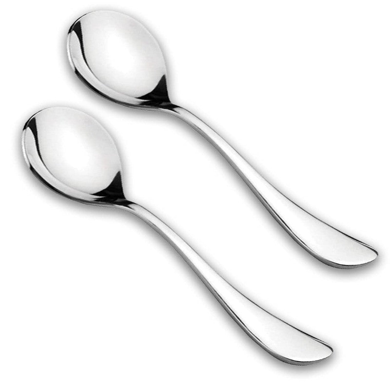 FNS Victoria 2-piece serving spoon set displayed on white background, featuring mirror finish stainless steel construction with smooth round handles and elegant curved design.