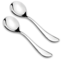 FNS Victoria 2-piece serving spoon set displayed on white background, featuring mirror finish stainless steel construction with smooth round handles and elegant curved design.