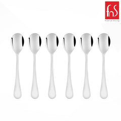 Six piece FNS Victoria baby spoon set featuring mirror finish stainless steel construction with smooth rounded handles perfect for infant feeding.