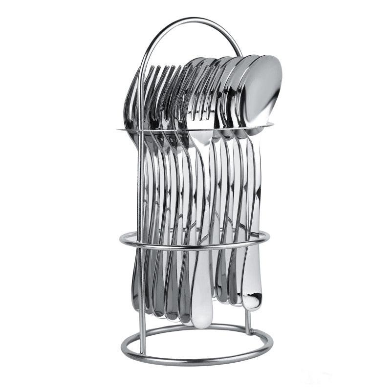Compact cutlery set with six forks and spoons arranged vertically in a sleek metal stand.