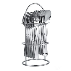 Compact cutlery set with six forks and spoons arranged vertically in a sleek metal stand.