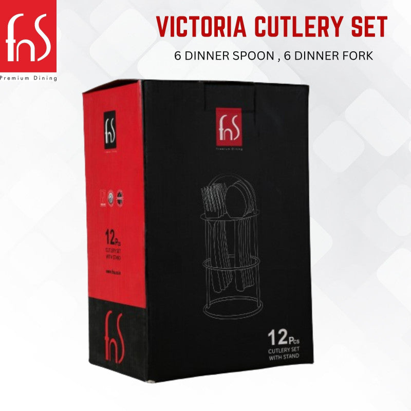 Victoria Cutlery Set box displaying twelve-piece set with metal stand, six spoons and six forks.
