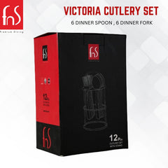 Victoria Cutlery Set box displaying twelve-piece set with metal stand, six spoons and six forks.