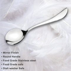 FNS Victoria serving spoon features infographic highlighting mirror finish, round handle, food grade stainless steel, food safe, and dishwasher safe on white fabric.