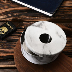 FNS white marble finish ashtray with removable lid on wooden cutting board with Death Note book and tablet