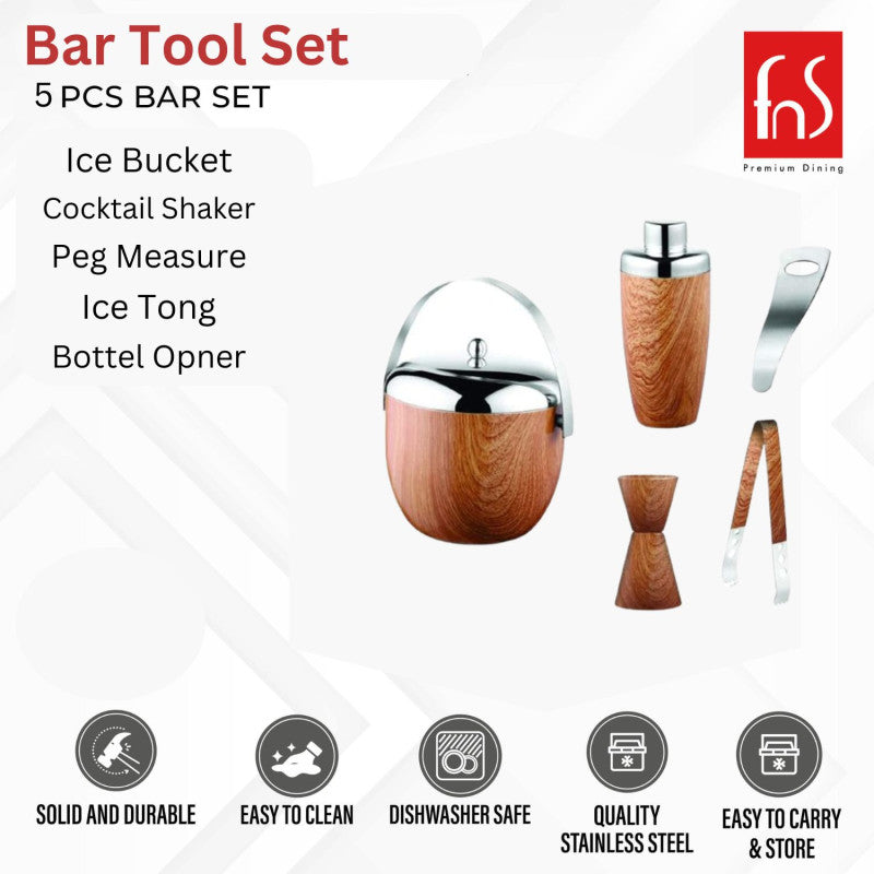 FNS 5-piece wooden bar set features infographic highlighting ice bucket, cocktail shaker, peg measure, ice tong, and bottle opener with quality icons