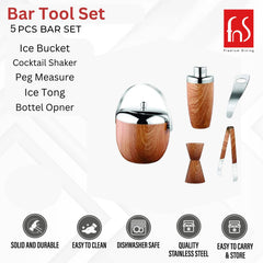 FNS 5-piece wooden bar set features infographic highlighting ice bucket, cocktail shaker, peg measure, ice tong, and bottle opener with quality icons