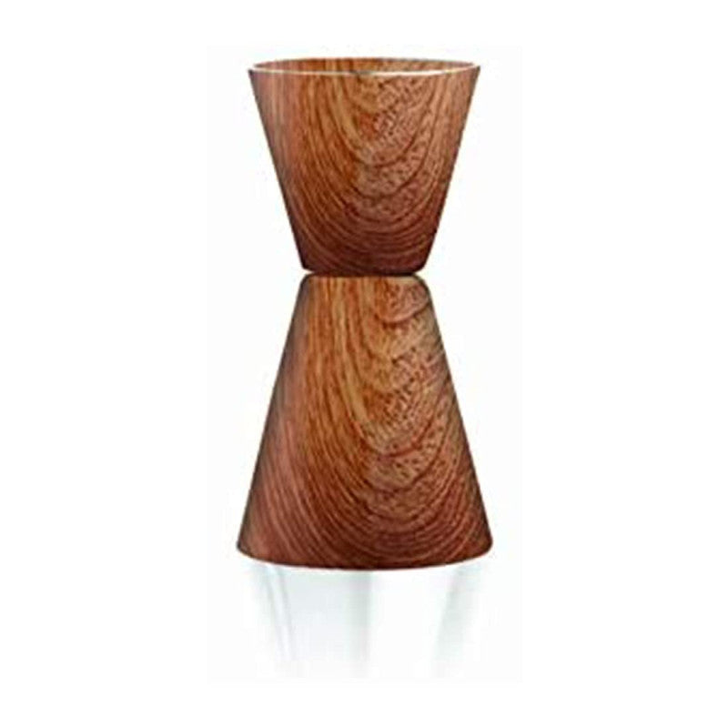 Double-sided jigger with natural wood grain finish and hourglass shape for precise cocktail measurements