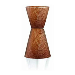 Double-sided jigger with natural wood grain finish and hourglass shape for precise cocktail measurements