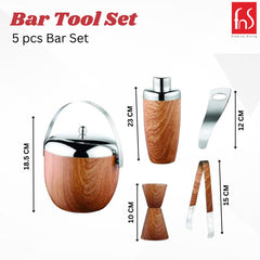 Product dimensions chart showing wooden bar set measurements: ice bucket 18.5cm, cocktail shaker 23cm, jigger 10cm, tongs 15cm, opener 12cm
