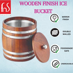 FNS Premium Dining wooden barrel ice bucket infographic highlighting mirror finish interior, double walled insulation, food grade safe, and unbreakable construction