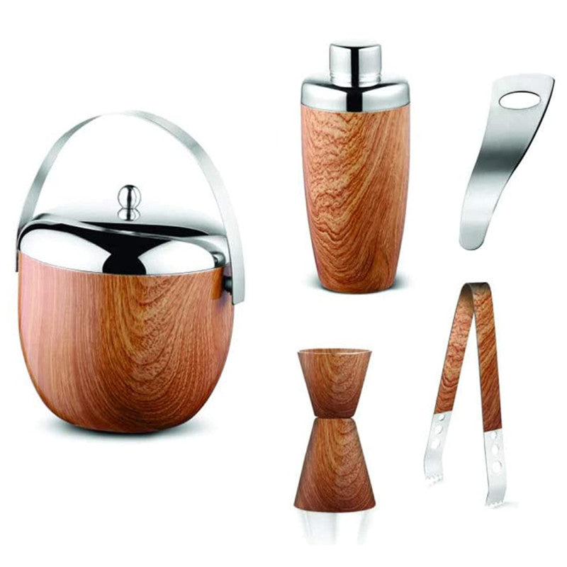 Complete wooden finish bar accessories set including ice bucket with chrome lid, shaker, jigger, tongs, and opener on white background