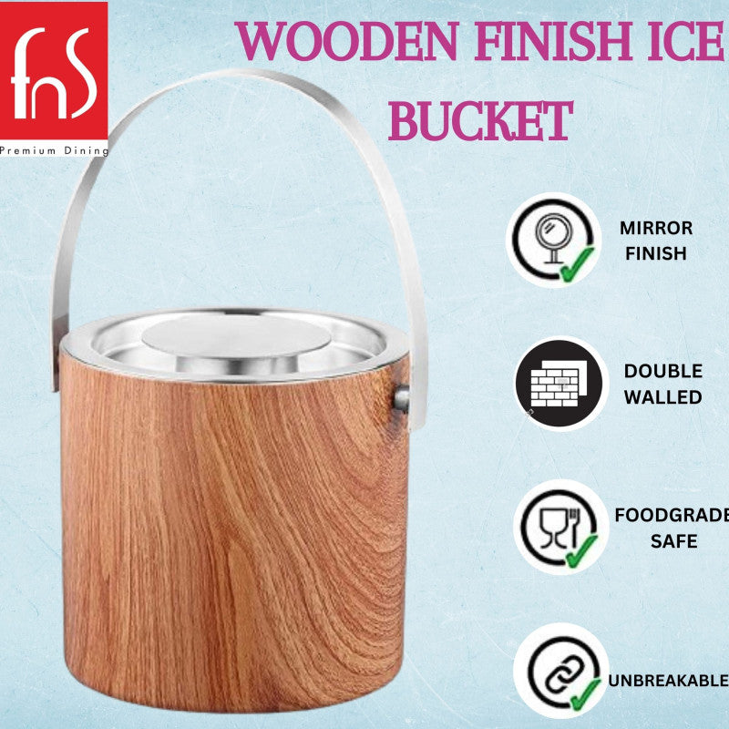 FNS Premium Dining wooden finish ice bucket infographic highlighting mirror finish lid, double walled insulation, food grade safe, and unbreakable construction