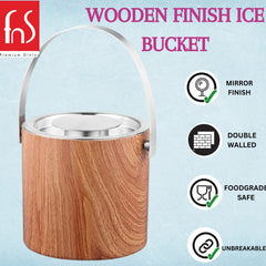 FNS Premium Dining wooden finish ice bucket infographic highlighting mirror finish lid, double walled insulation, food grade safe, and unbreakable construction