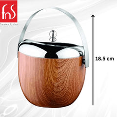 FNS wooden ice bucket with 18.5cm height dimension measurement, chrome lid and handle detail