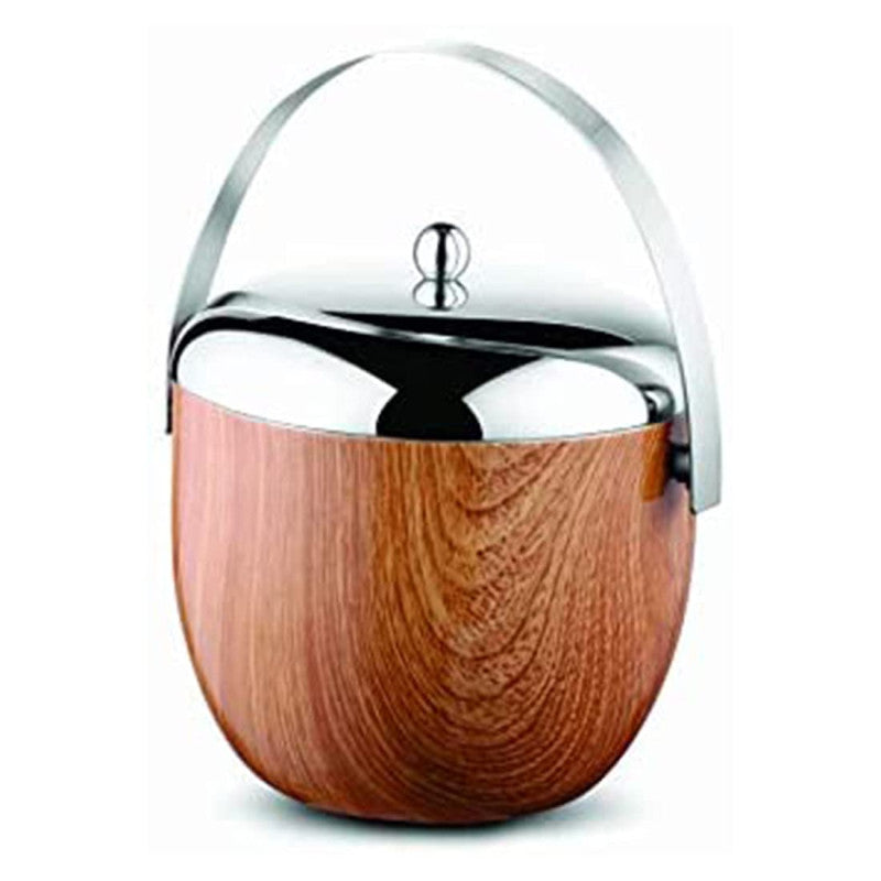 Wooden ice bucket with mirror-finish chrome lid, arched handle, and natural wood grain texture close-up detail