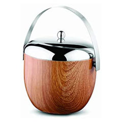 Wooden ice bucket with mirror-finish chrome lid, arched handle, and natural wood grain texture close-up detail