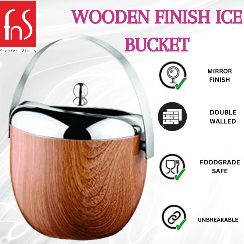 FNS wooden finish ice bucket features infographic showing mirror finish, double walled insulation, food grade safe, and unbreakable construction