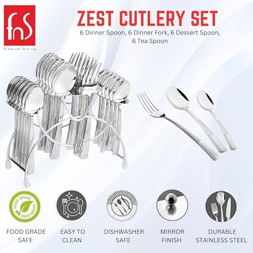 FnS Zest Cutlery Set with 24 pieces and icons for durability, food safety, and easy cleaning.