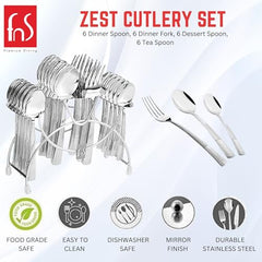 FnS Zest Cutlery Set with 24 pieces and icons for durability, food safety, and easy cleaning.