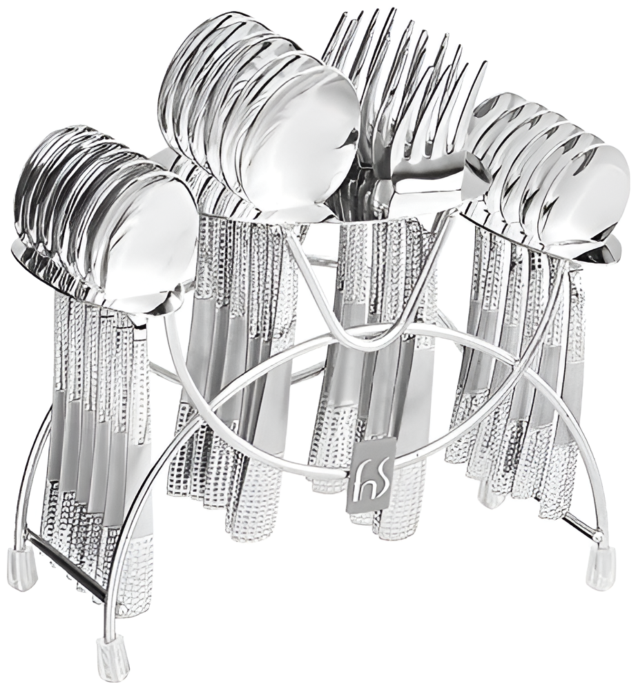 Complete 24-piece stainless steel cutlery set neatly arranged in a silver stand with textured handles.