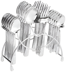 Complete 24-piece stainless steel cutlery set neatly arranged in a silver stand with textured handles.