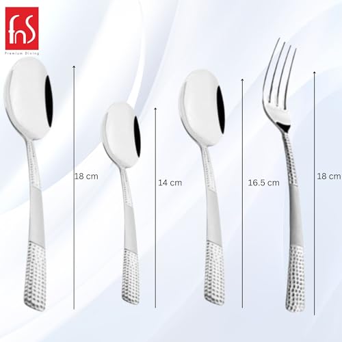 Cutlery set with textured handles showing lengths: 14 cm, 16.5 cm, and 18 cm for spoons and fork.