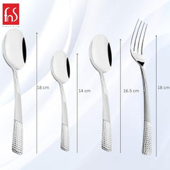 Cutlery set with textured handles showing lengths: 14 cm, 16.5 cm, and 18 cm for spoons and fork.